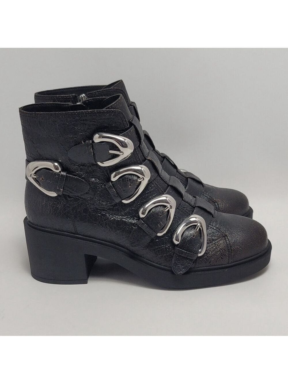 Aerosoles Gavyn Multi Buckle Biker Ankle Booties Crackled Black Leather Size 8.5